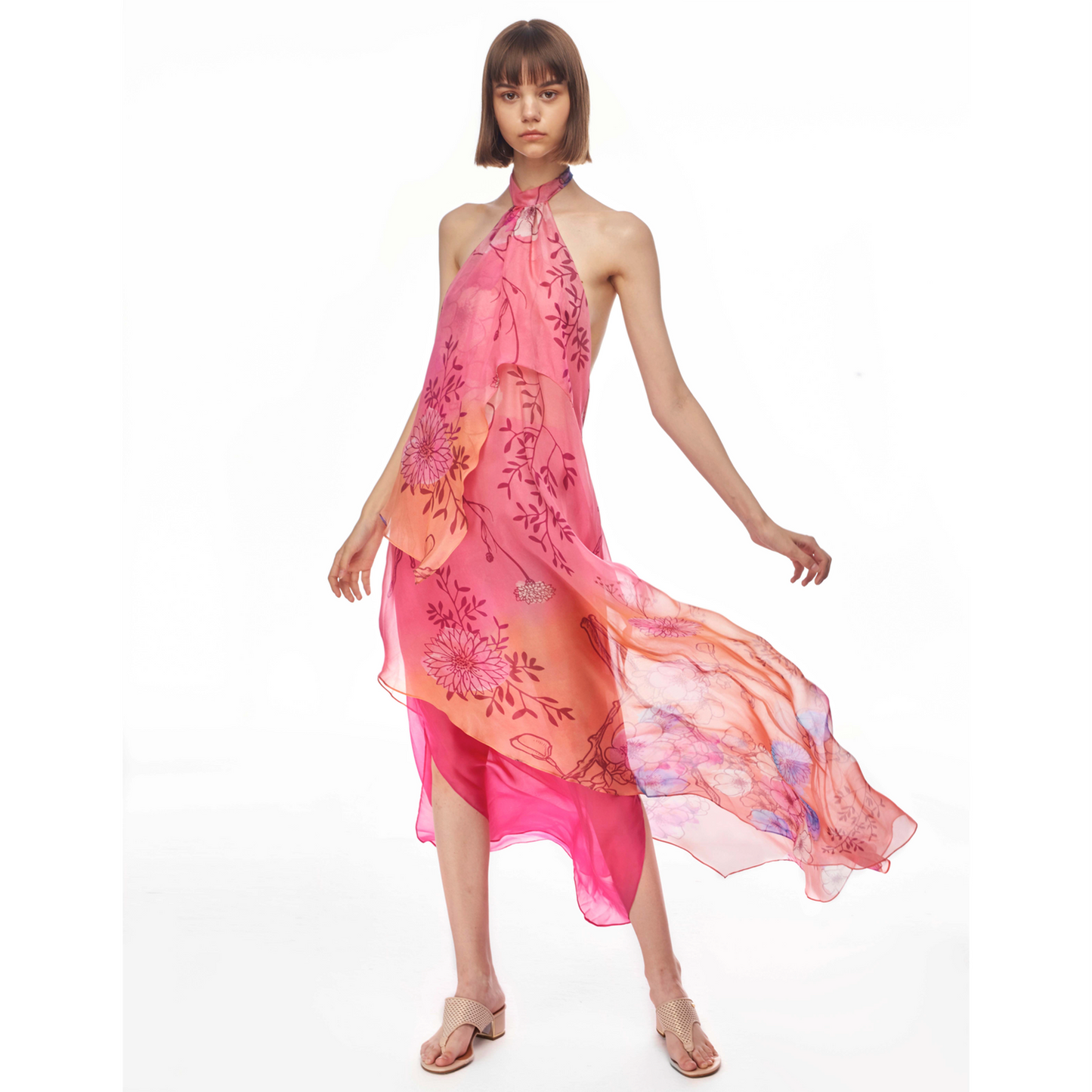Lotus Silk Chiffon Dress Long Lining